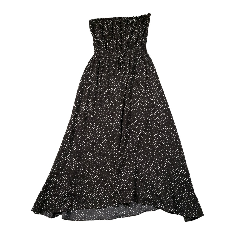 Good Luck Gem Black Polka Dot Strapless Smocked Maxi Dress XL‎ Button Front Slit